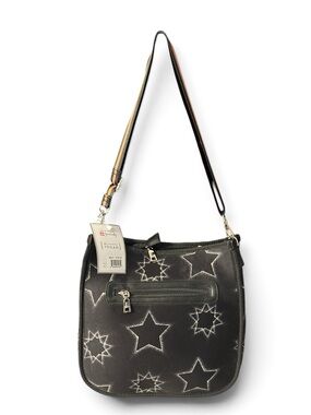 NWT Jen & Co Vegan Black Star-Print Crossbody Bag with Adjustable Striped Strap